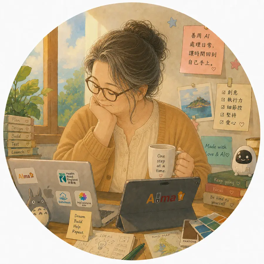 AIma 建立者在工作桌前整理生活工具的插畫